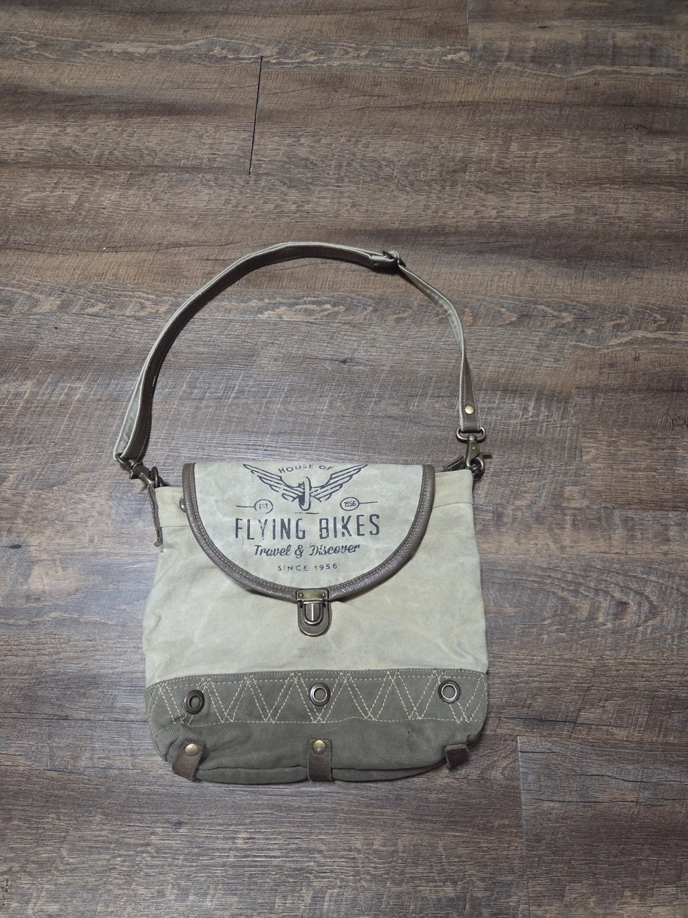 Myra Bag Beige and Olive Satchel with Flying Bikes Graphic